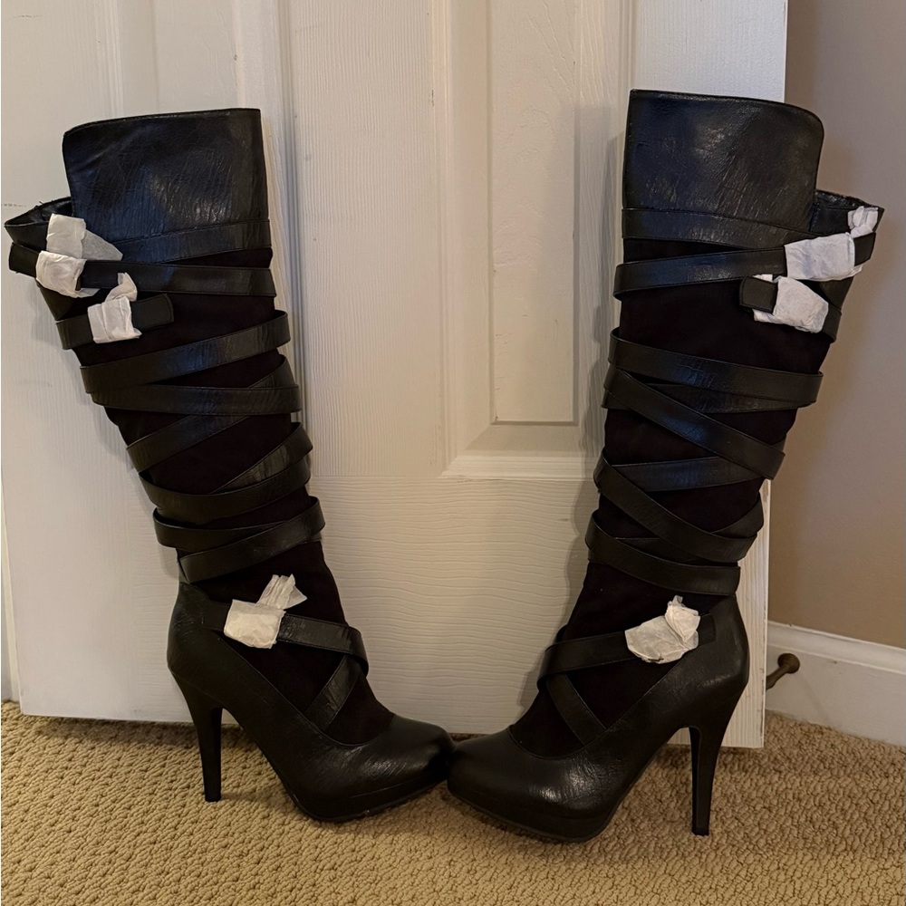 Black belt wrap Strappy Knee-High Boots faux leather fur 7 Alexis